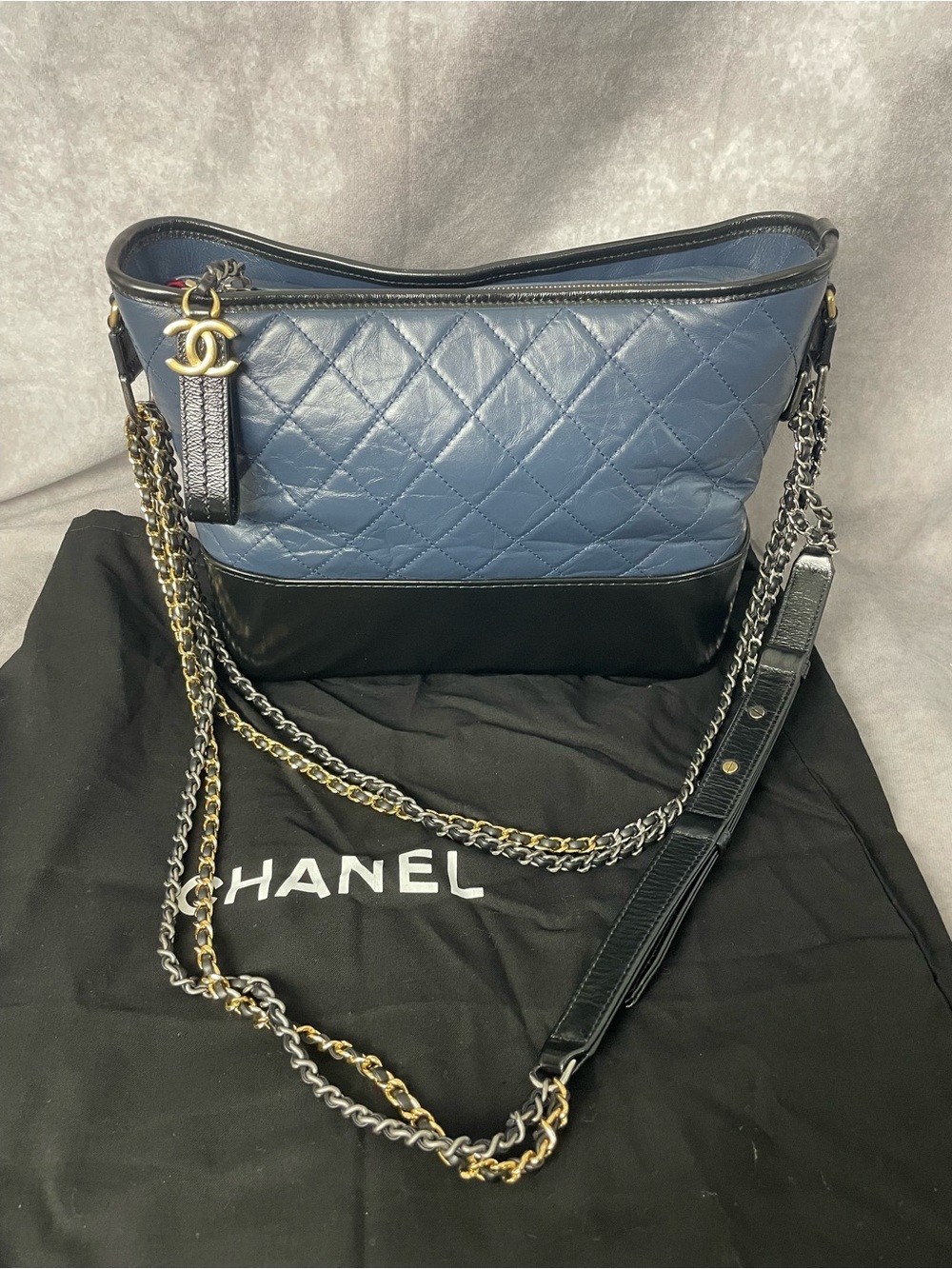 Authentic Medium CHANEL Gabrielle in Two-Tone Blue and Black Aged Leather